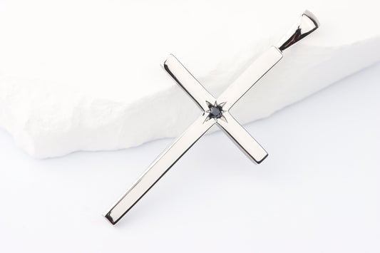 Slim Silver Cross Pendant set with Sapphire Gemstone