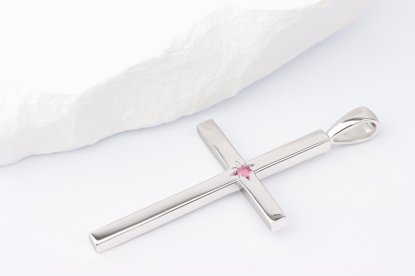 Slim Silver Cross Pendant set with Ruby Gemstone
