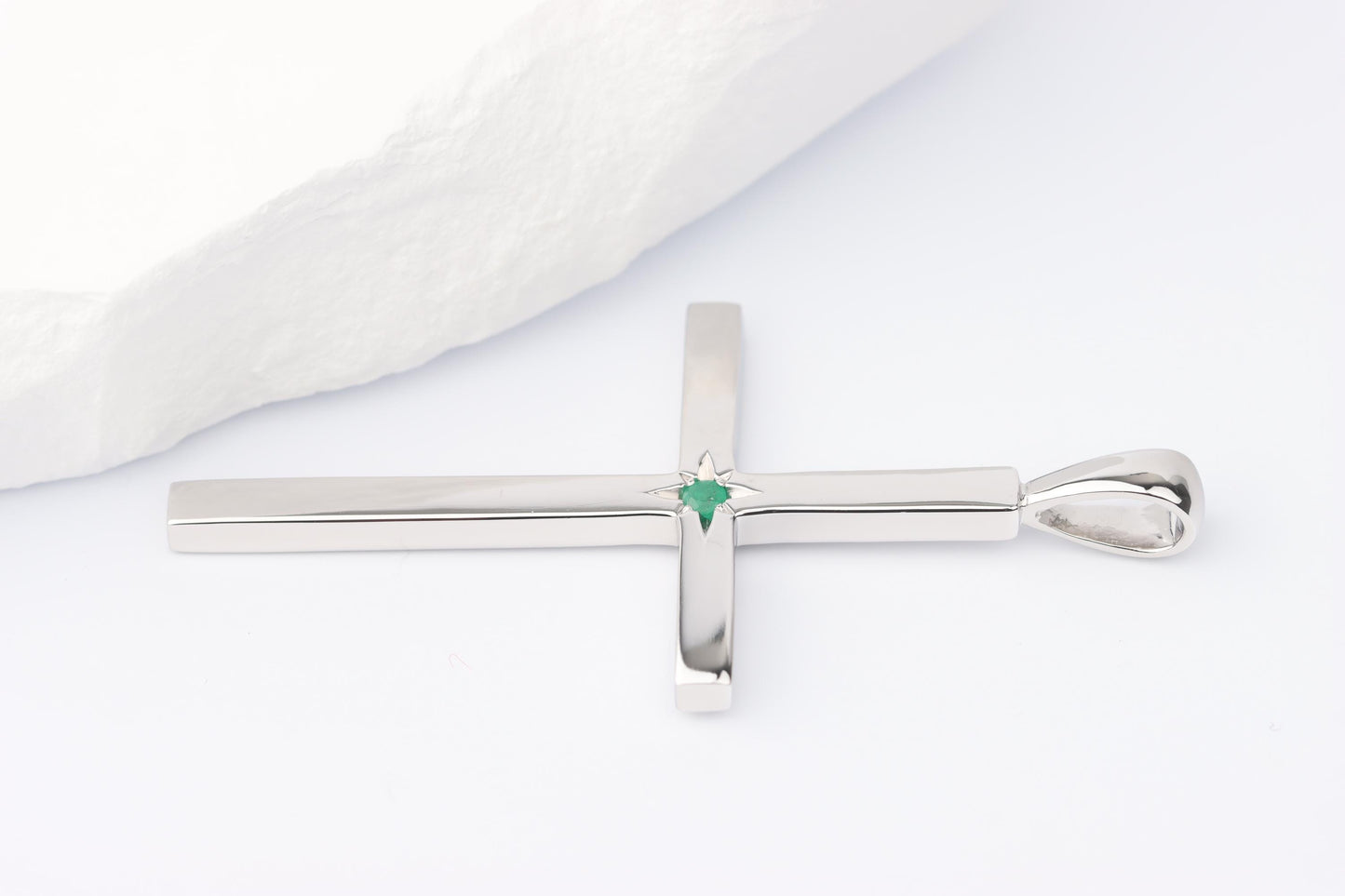 Slim Silver Cross Pendant set with Emerald Gemstone
