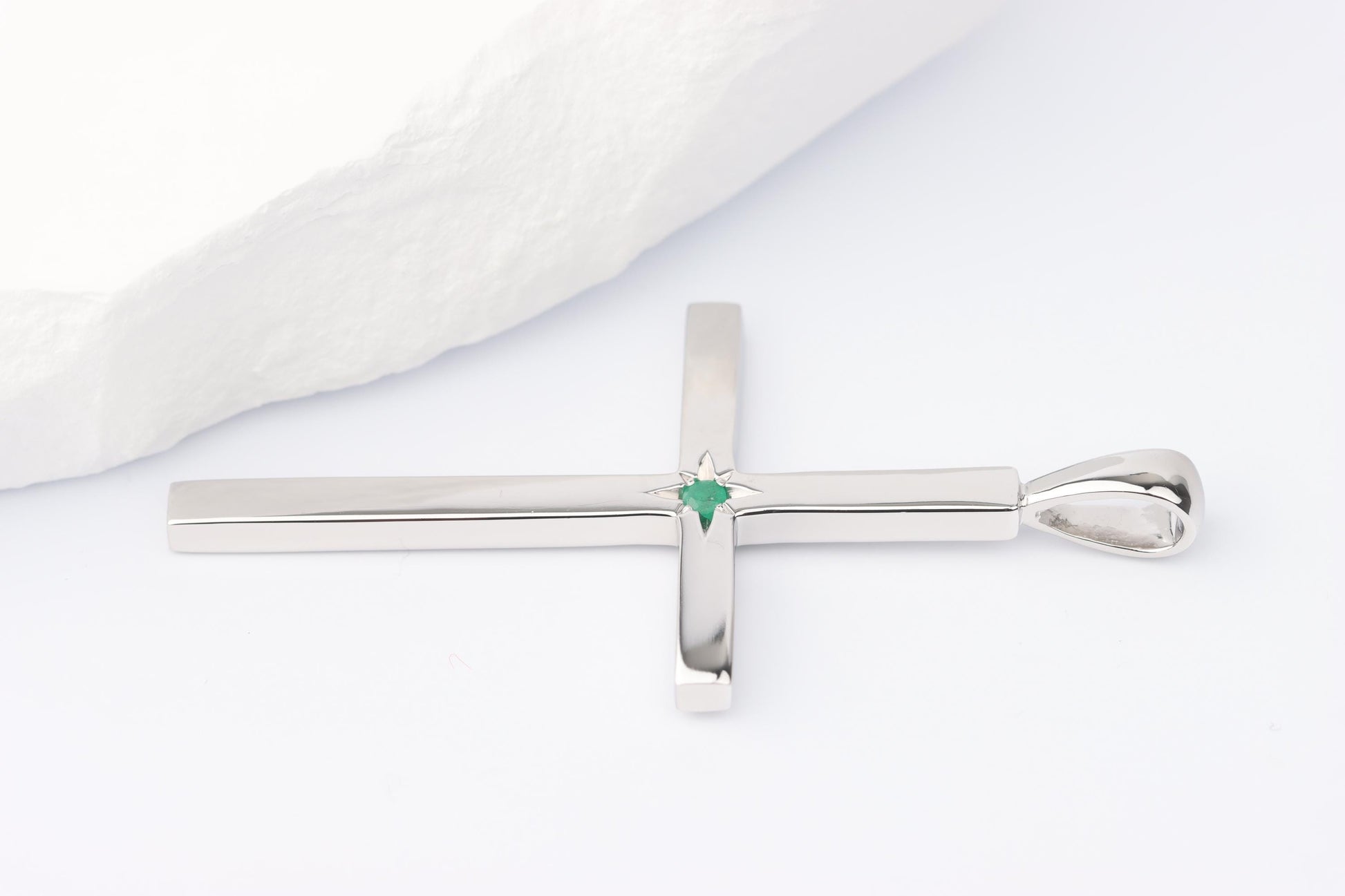Slim Silver Cross Pendant set with Emerald Gemstone