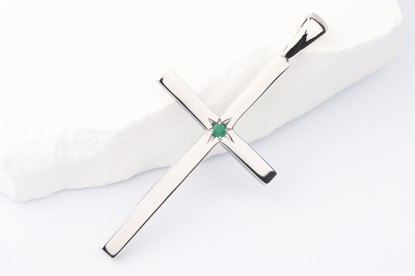 Slim Silver Cross Pendant set with Emerald Gemstone