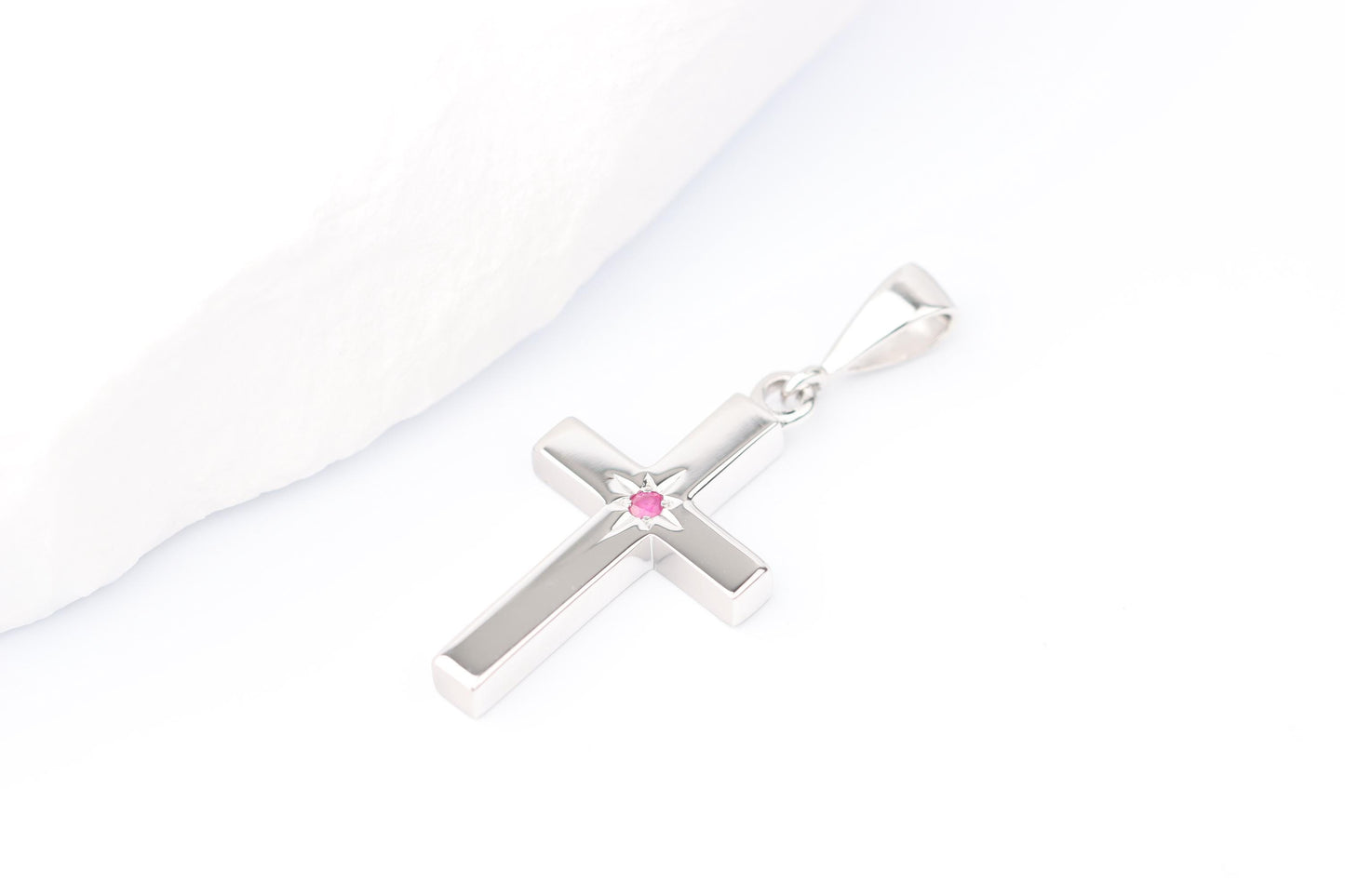 Small Silver Cross Pendant set with Ruby Gemstone