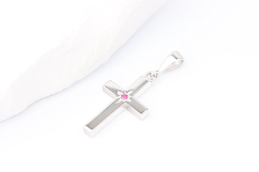 Small Silver Cross Pendant set with Ruby Gemstone