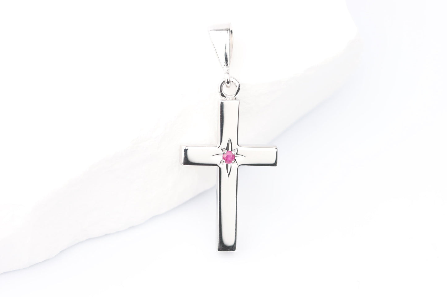 Small Silver Cross Pendant set with Ruby Gemstone