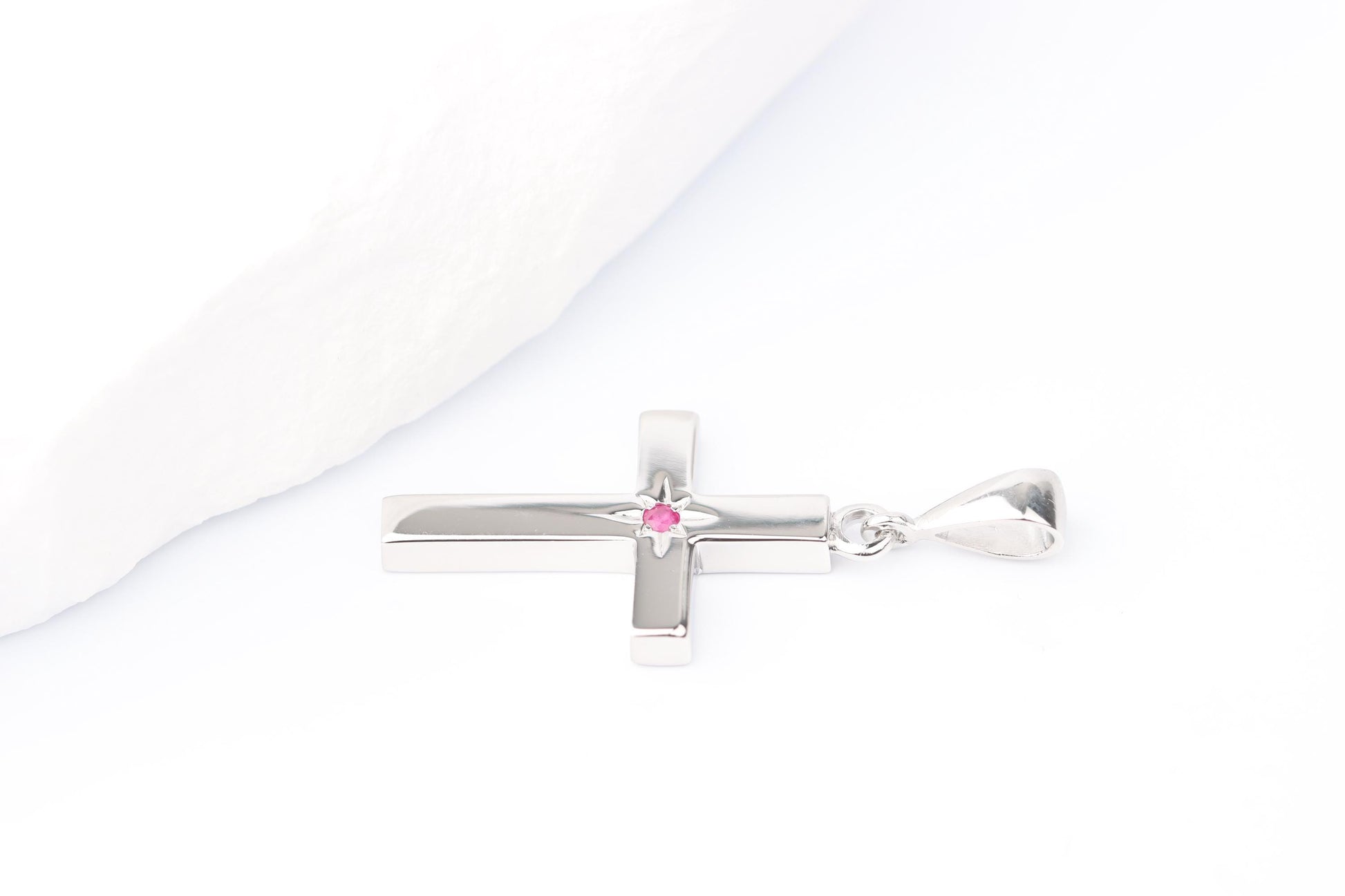 Small Silver Cross Pendant set with Ruby Gemstone
