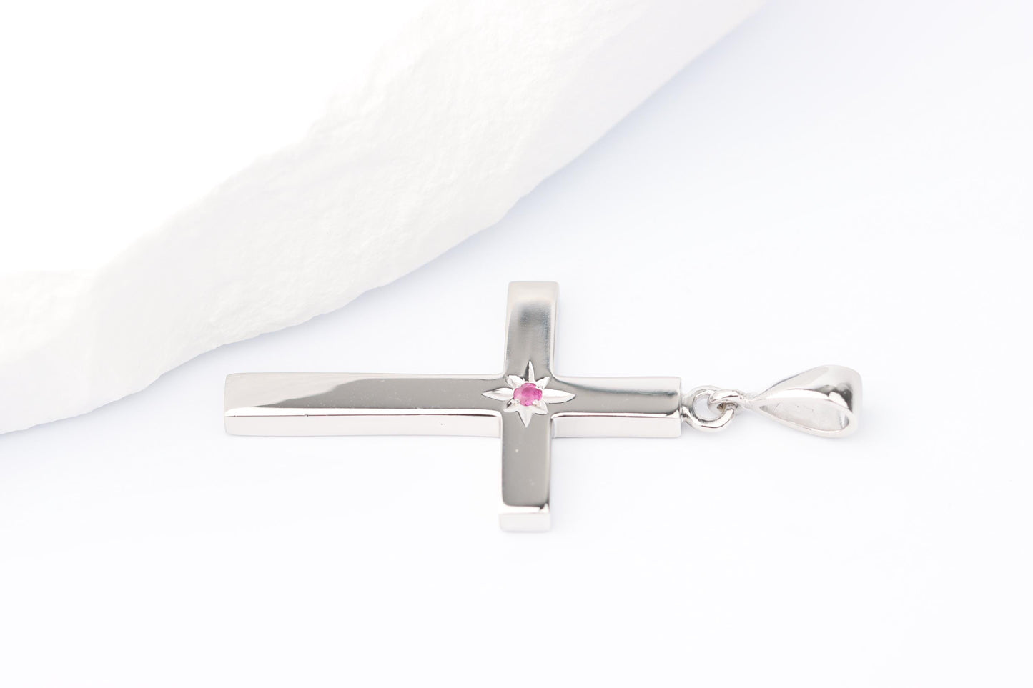 Medium Silver Cross Pendant set with Ruby Gemstone