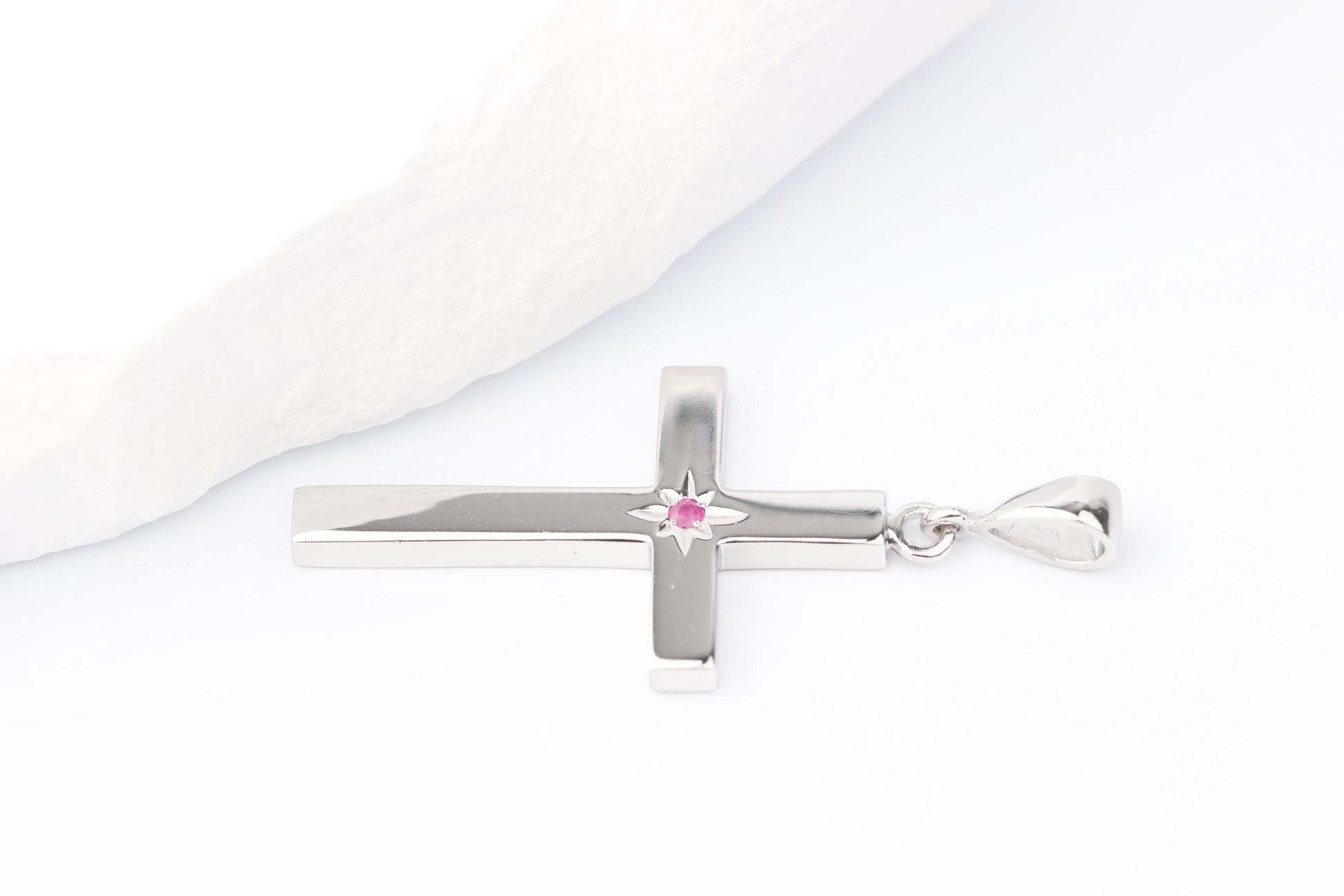 Medium Silver Cross Pendant set with Ruby Gemstone