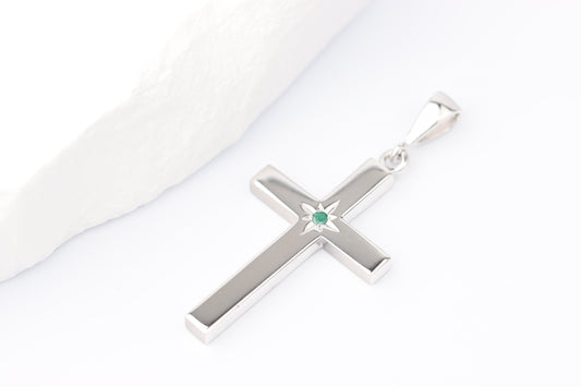 Medium Silver Cross Pendant set with Emerald Gemstone