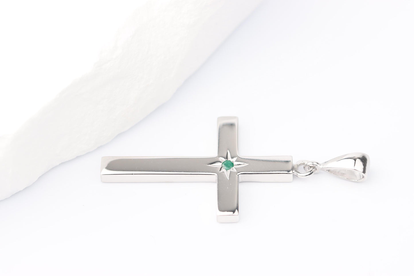 Medium Silver Cross Pendant set with Emerald Gemstone