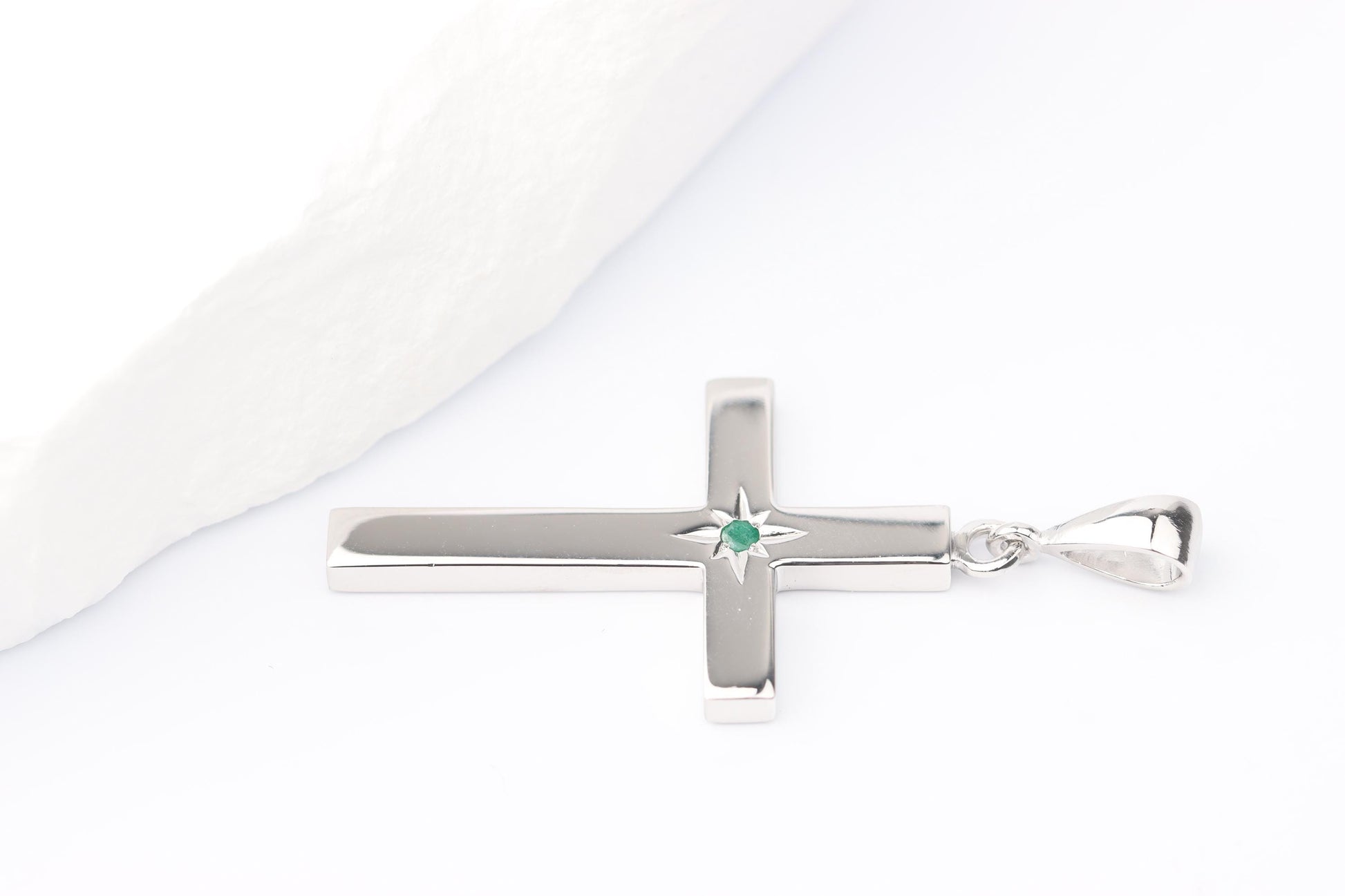 Medium Silver Cross Pendant set with Emerald Gemstone