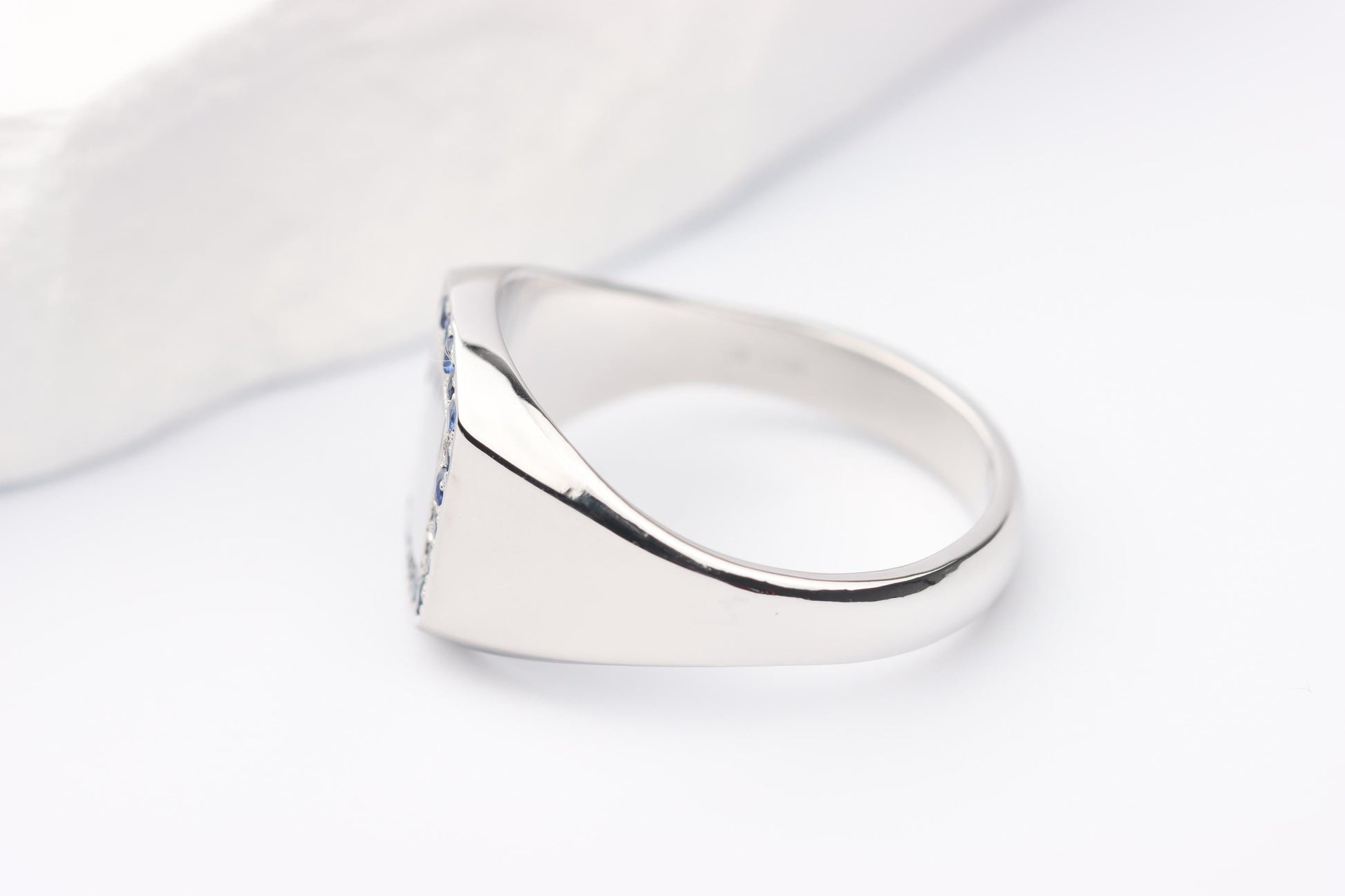 Silver Cushion Signet Ring set with Blue Sapphire Gemstones