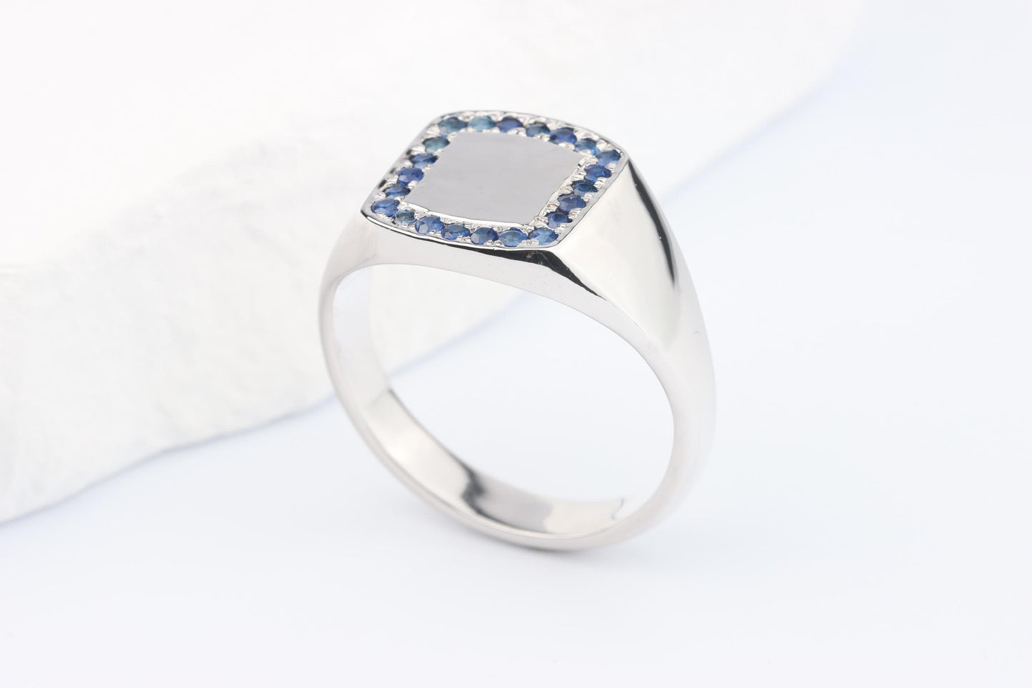 Silver Cushion Signet Ring set with Blue Sapphire Gemstones