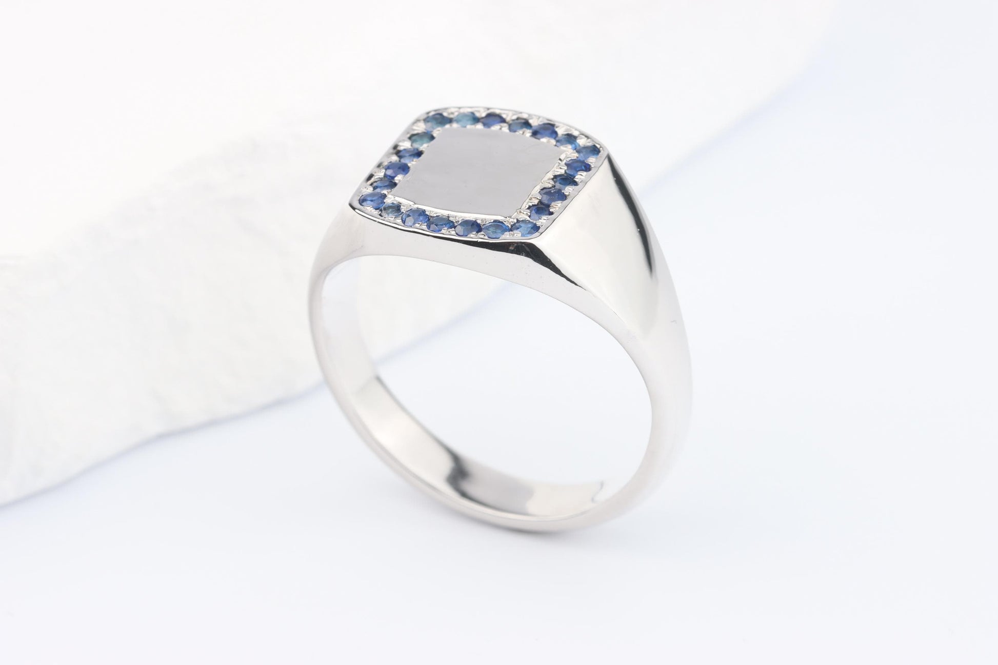 Silver Cushion Signet Ring set with Blue Sapphire Gemstones