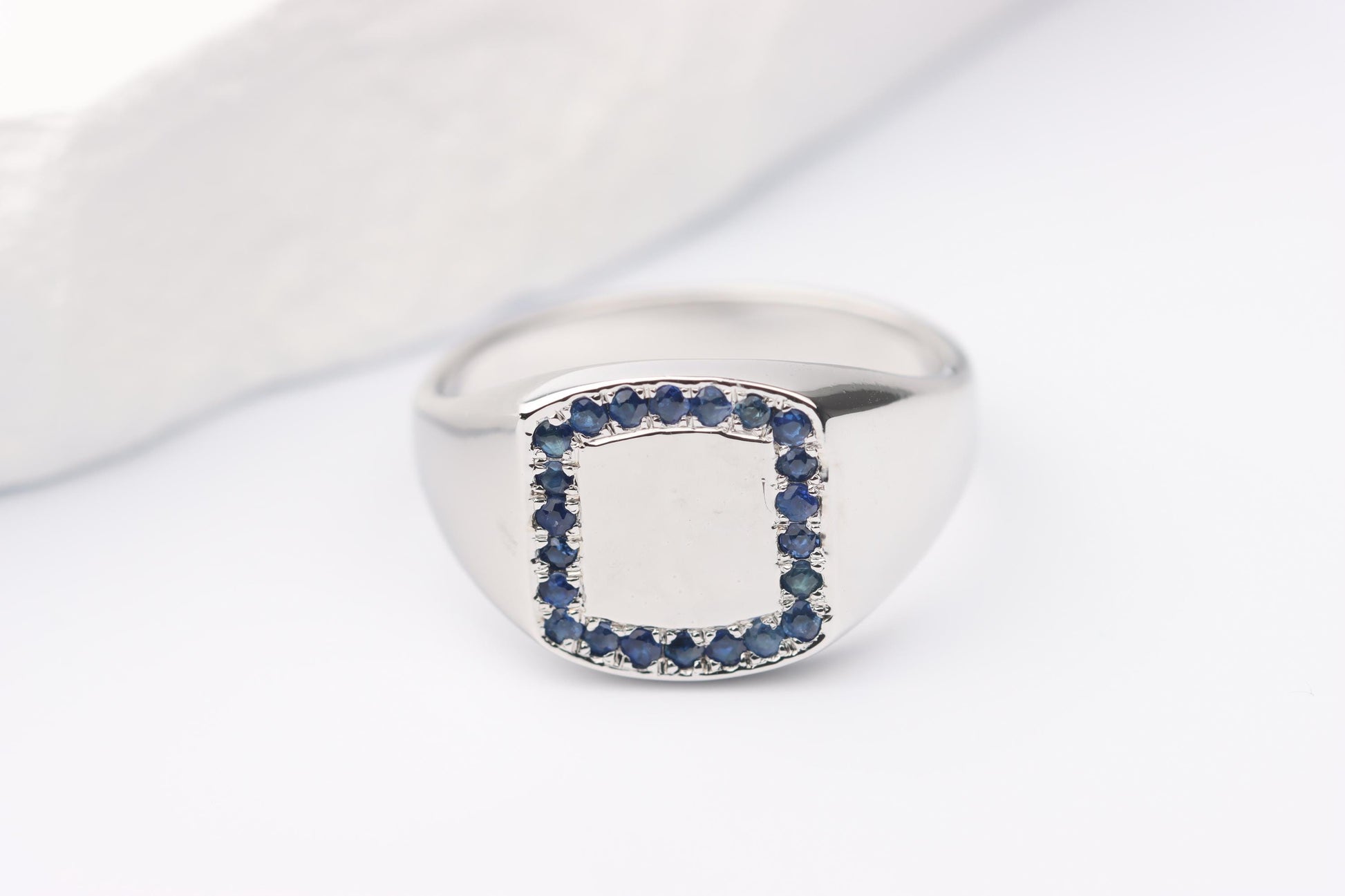 Silver Cushion Signet Ring set with Blue Sapphire Gemstones