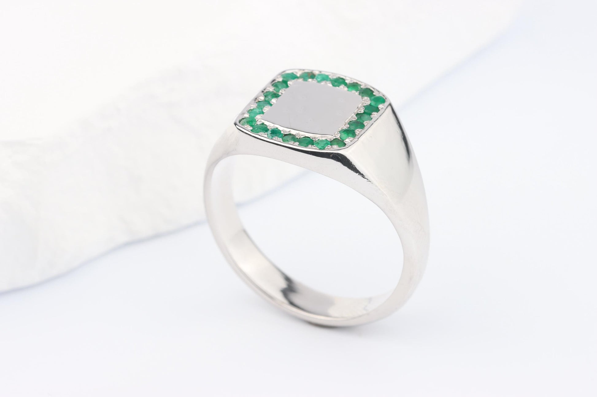 Silver Cushion Signet Ring set with Green Emerald Gemstones