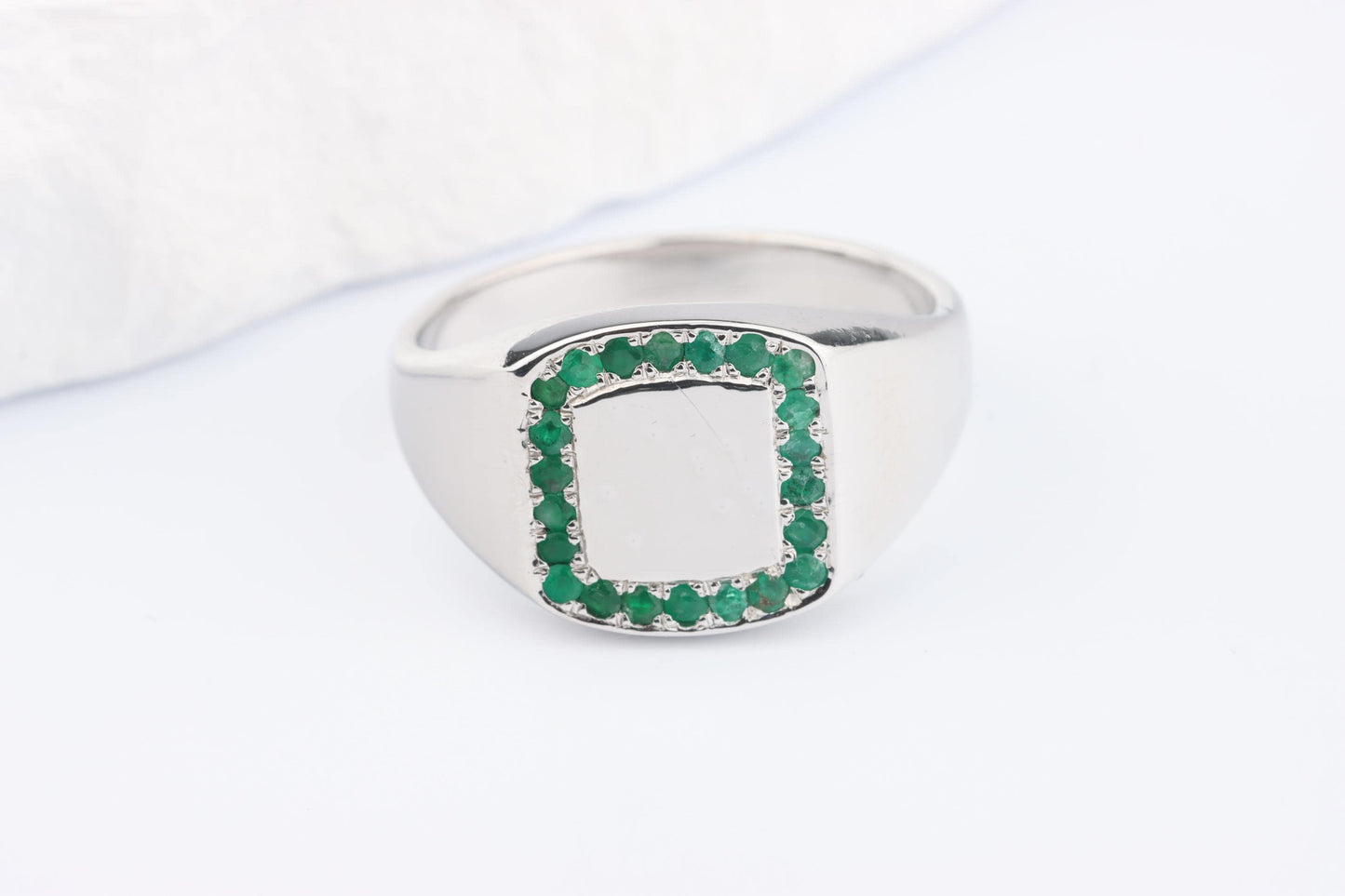 Silver Cushion Signet Ring set with Green Emerald Gemstones