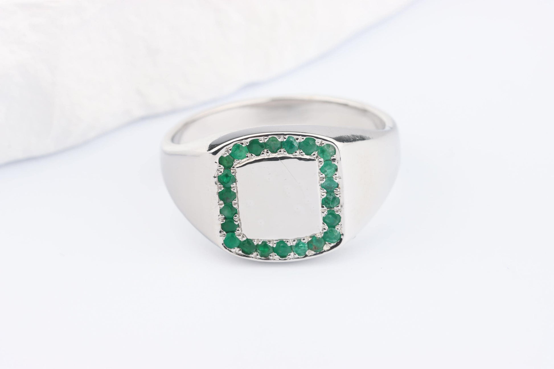 Silver Cushion Signet Ring set with Green Emerald Gemstones