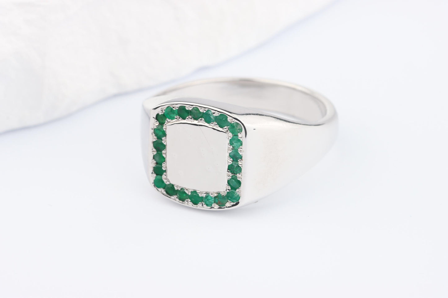 Silver Cushion Signet Ring set with Green Emerald Gemstones