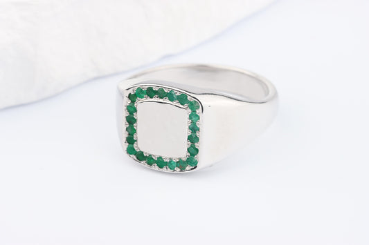 Silver Cushion Signet Ring set with Green Emerald Gemstones
