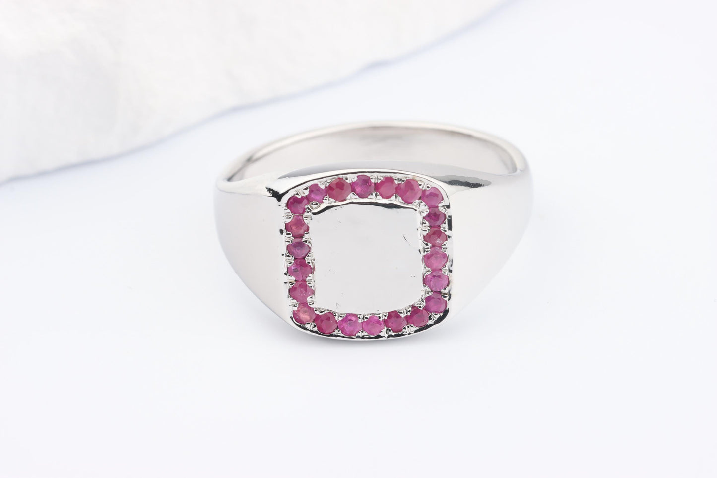 Silver Cushion Signet Ring set with Red Ruby Gemstones