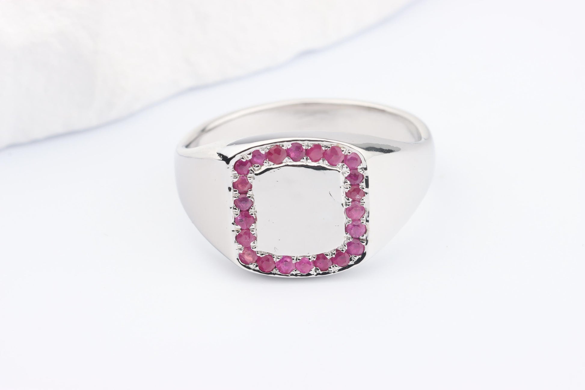Silver Cushion Signet Ring set with Red Ruby Gemstones