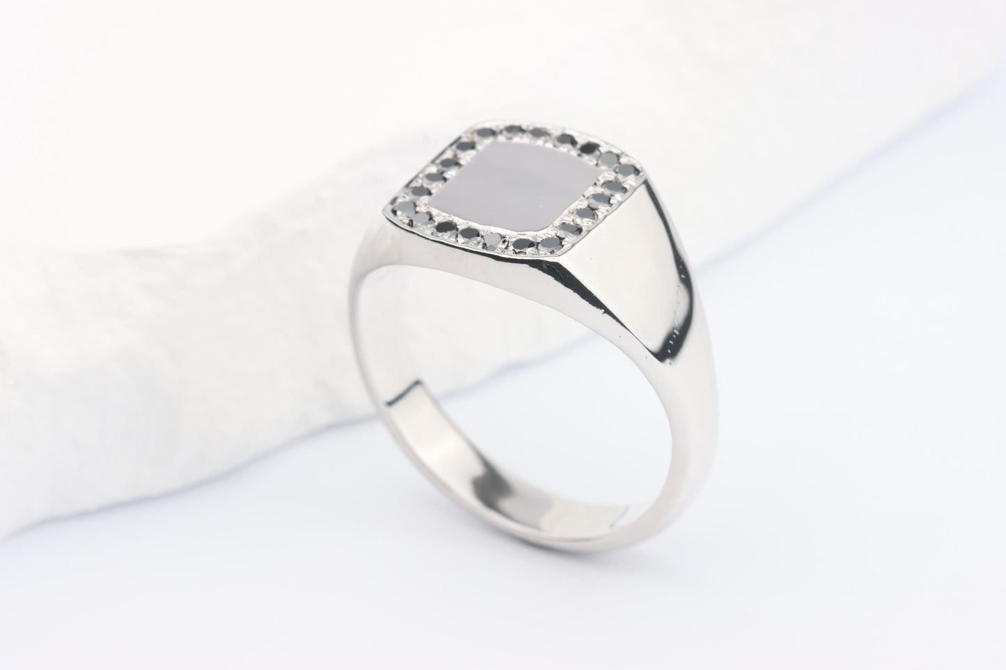 Silver Cushion Signet Ring set with Black Diamonds