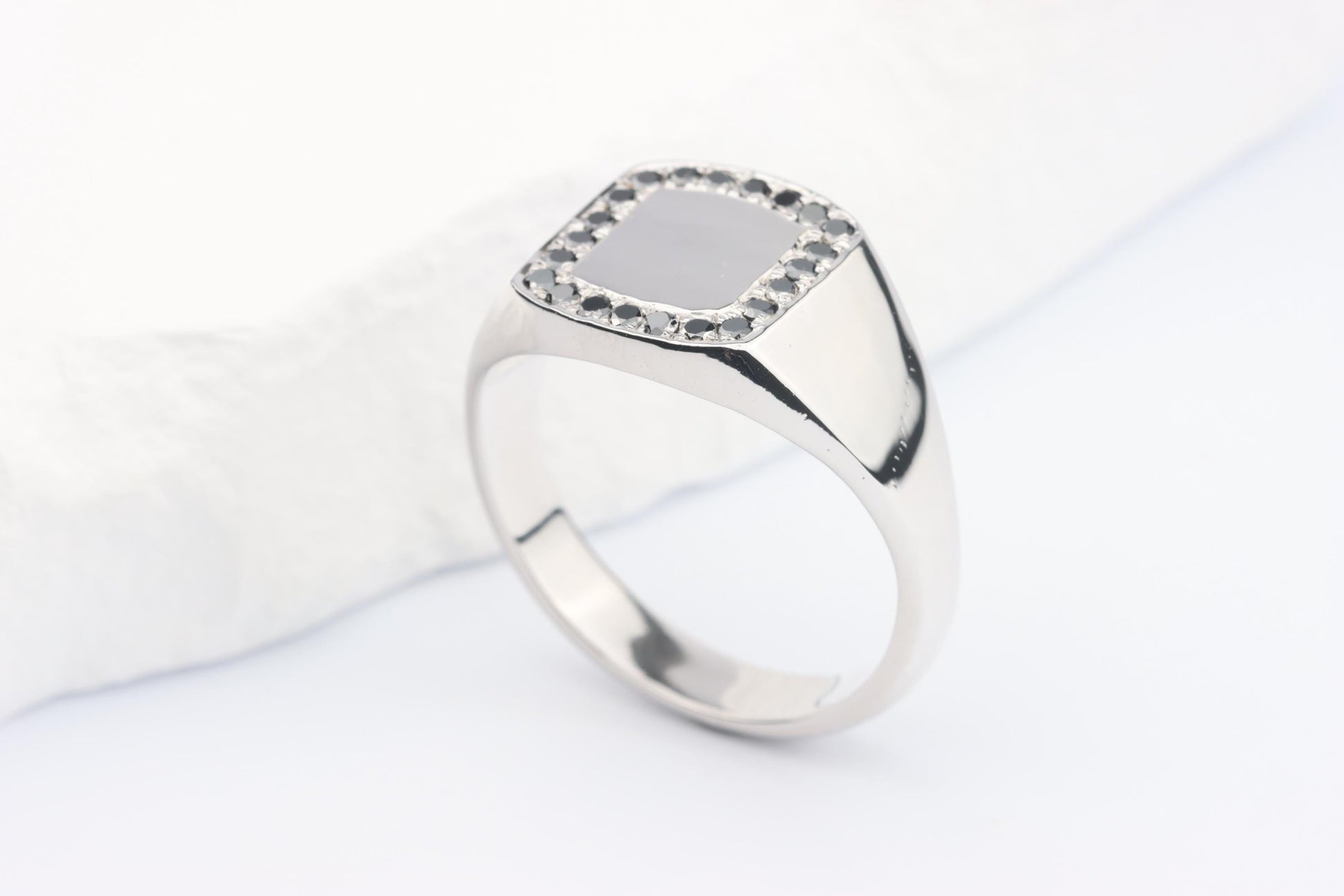 Silver Cushion Signet Ring set with Black Diamonds