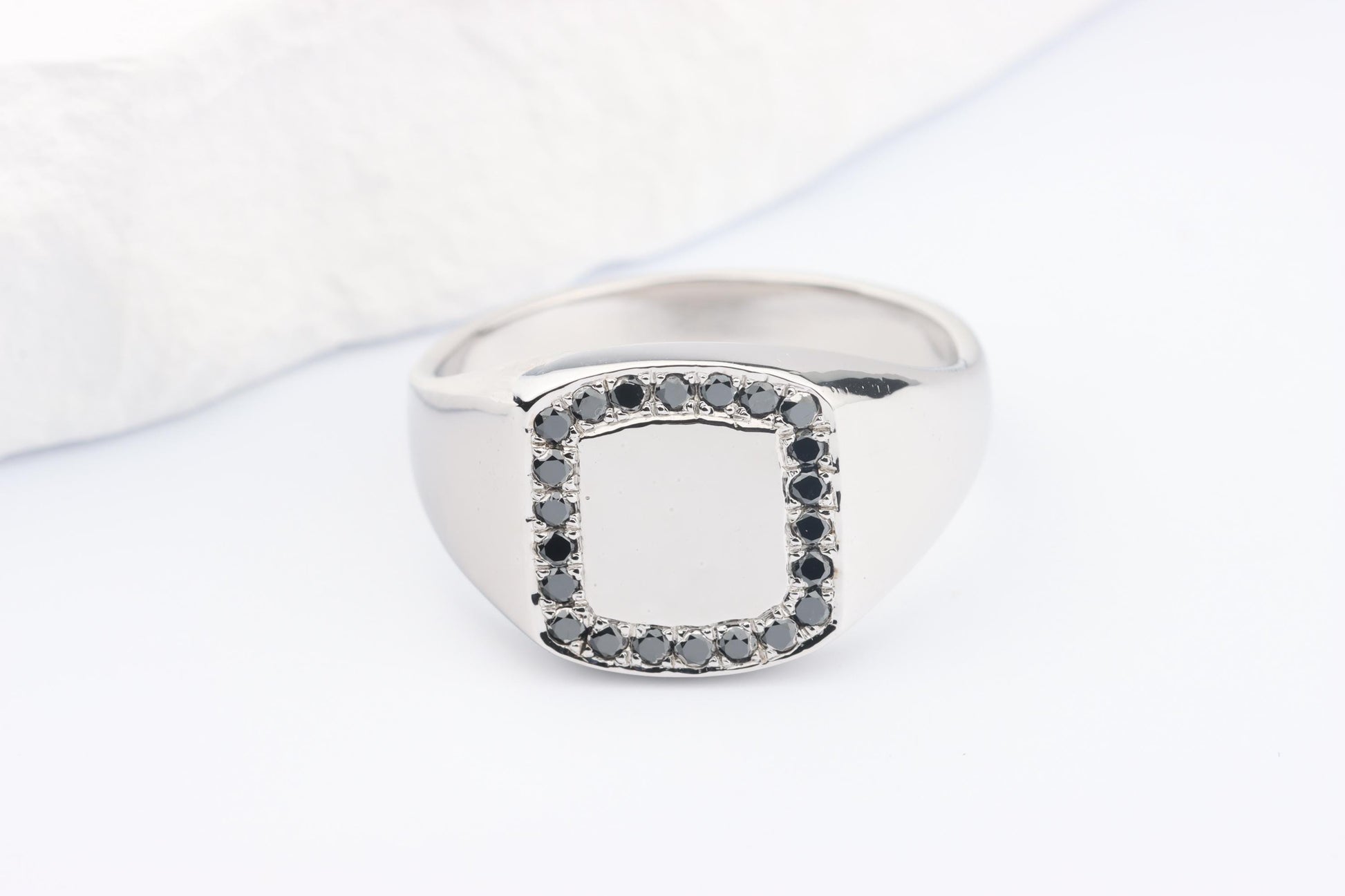 Silver Cushion Signet Ring set with Black Diamonds