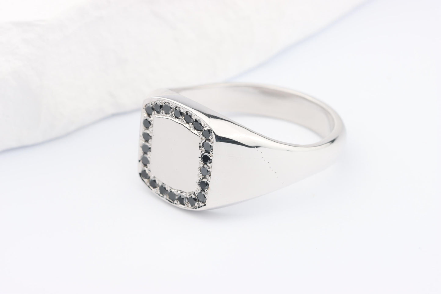 Silver Cushion Signet Ring set with Black Diamonds