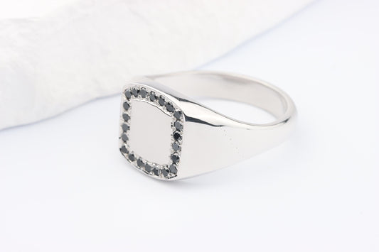 Silver Cushion Signet Ring set with Black Diamonds