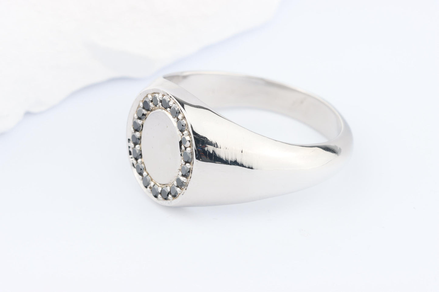 Silver Oval Signet Ring set with Black Diamonds