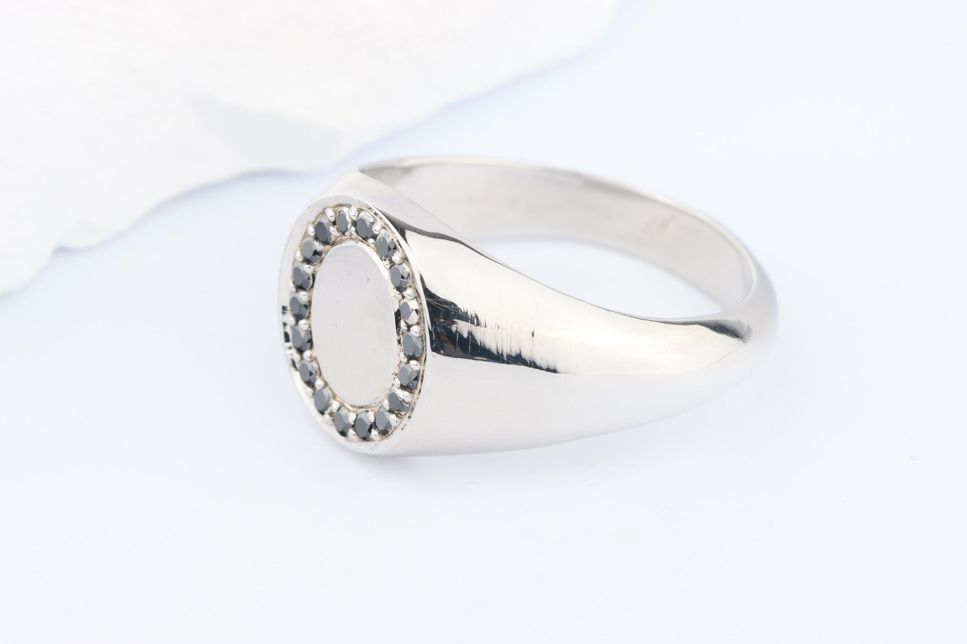 Silver Oval Signet Ring set with Black Diamonds