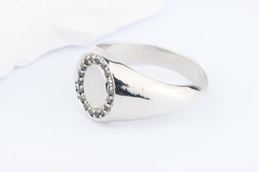 Silver Oval Signet Ring set with Black Diamonds