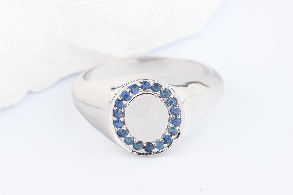 Silver Oval Signet Ring set with Blue Sapphire Gemstones