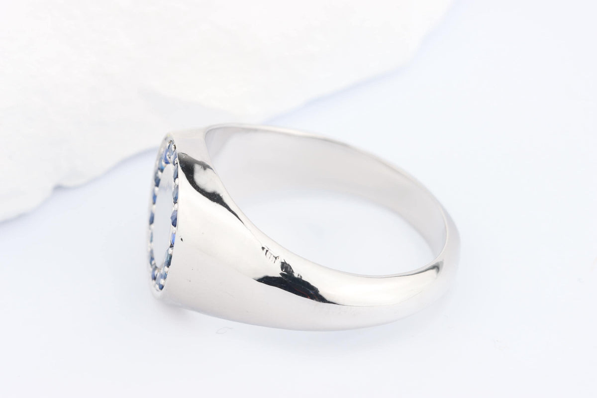 Silver Oval Signet Ring set with Blue Sapphire Gemstones