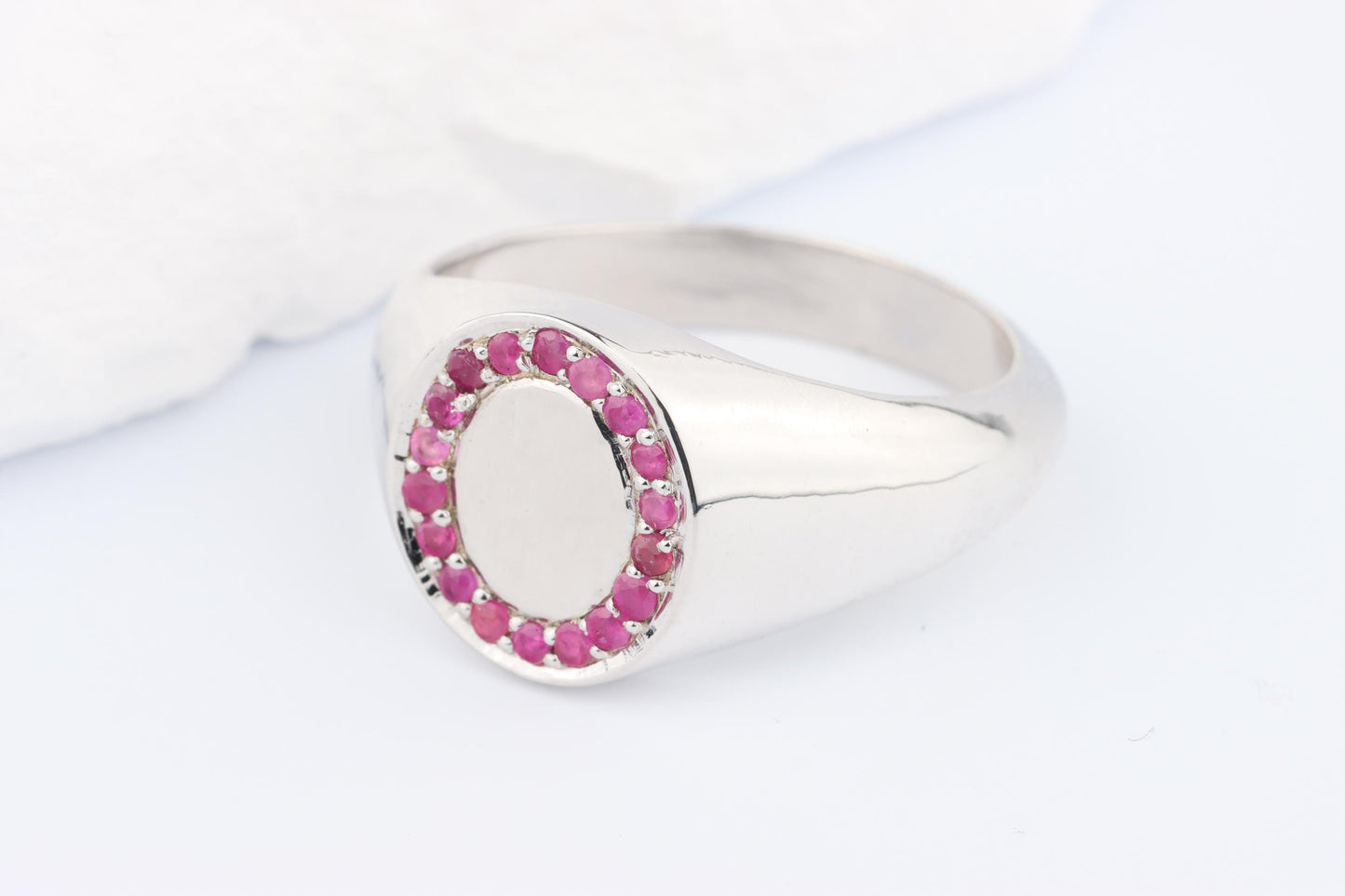 Silver Oval Signet Ring set with Pink Red Ruby Gemstones