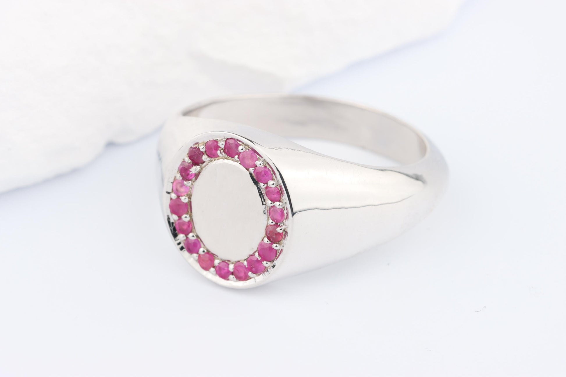 Silver Oval Signet Ring set with Pink Red Ruby Gemstones