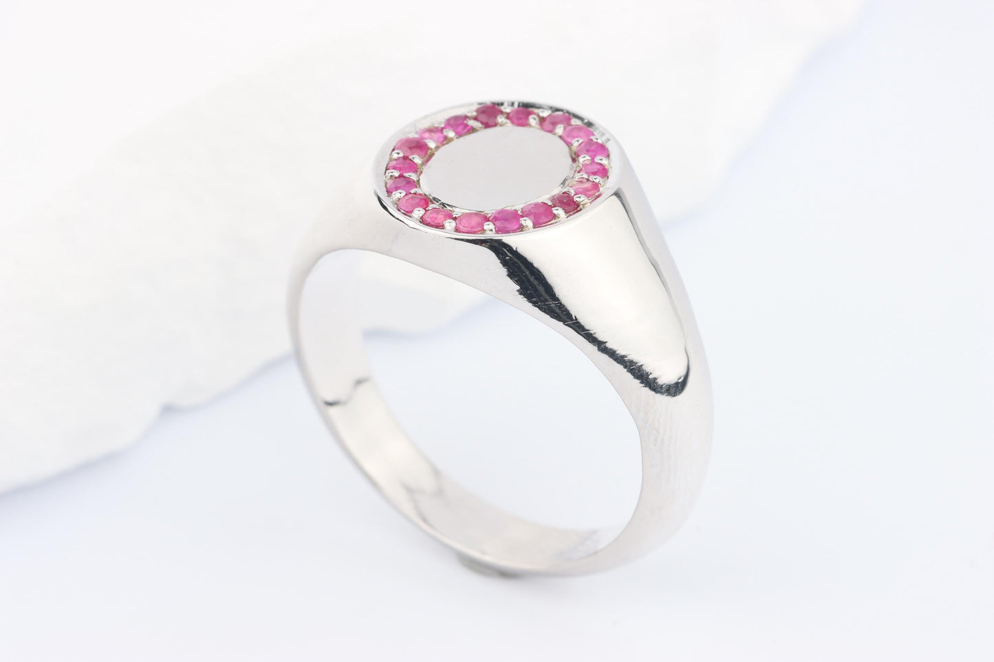 Silver Oval Signet Ring set with Pink Red Ruby Gemstones
