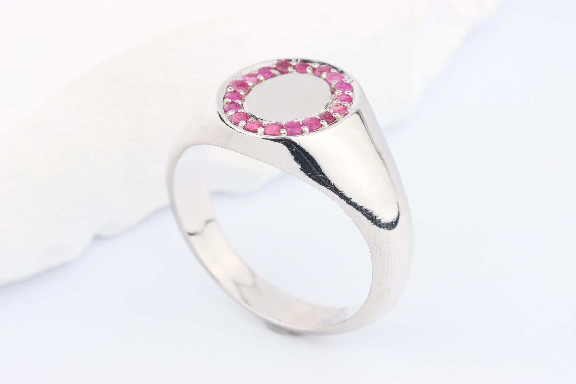 Silver Oval Signet Ring set with Pink Red Ruby Gemstones