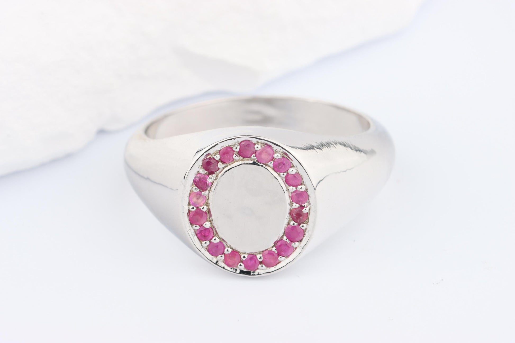 Silver Oval Signet Ring set with Pink Red Ruby Gemstones