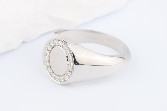 Silver Oval Signet Ring set with Lab Diamonds