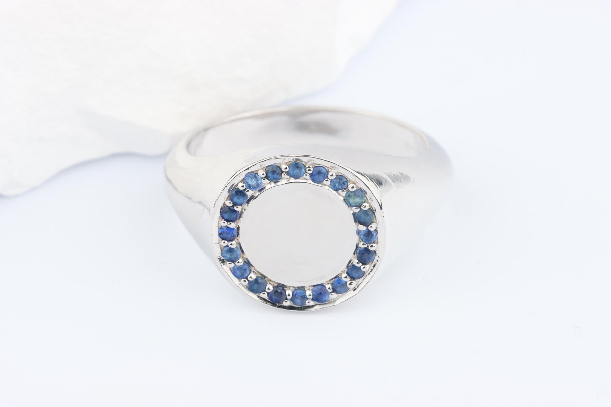 Silver Round Signet Ring set with Blue Sapphire Gemstones