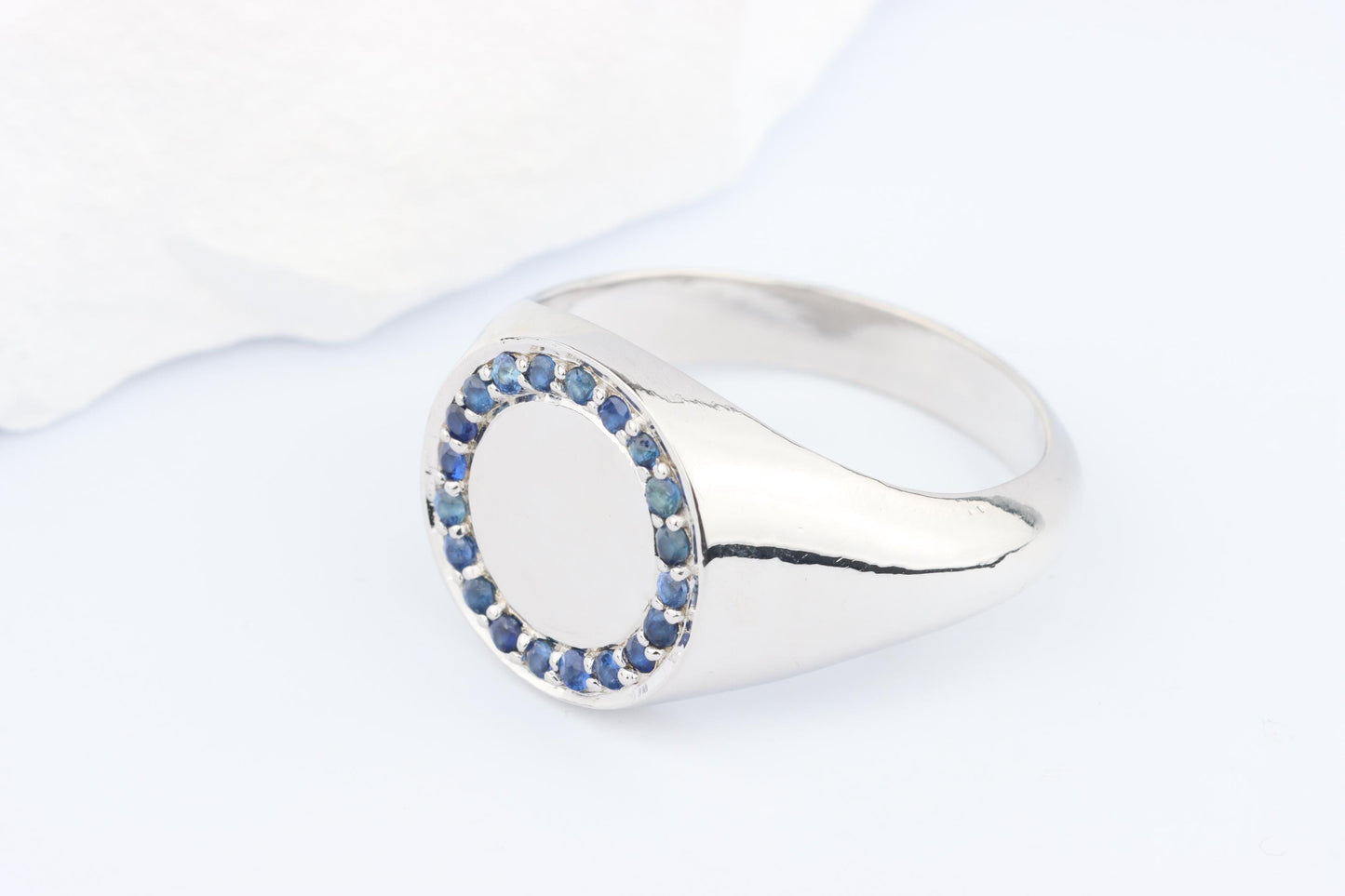 Silver Round Signet Ring set with Blue Sapphire Gemstones