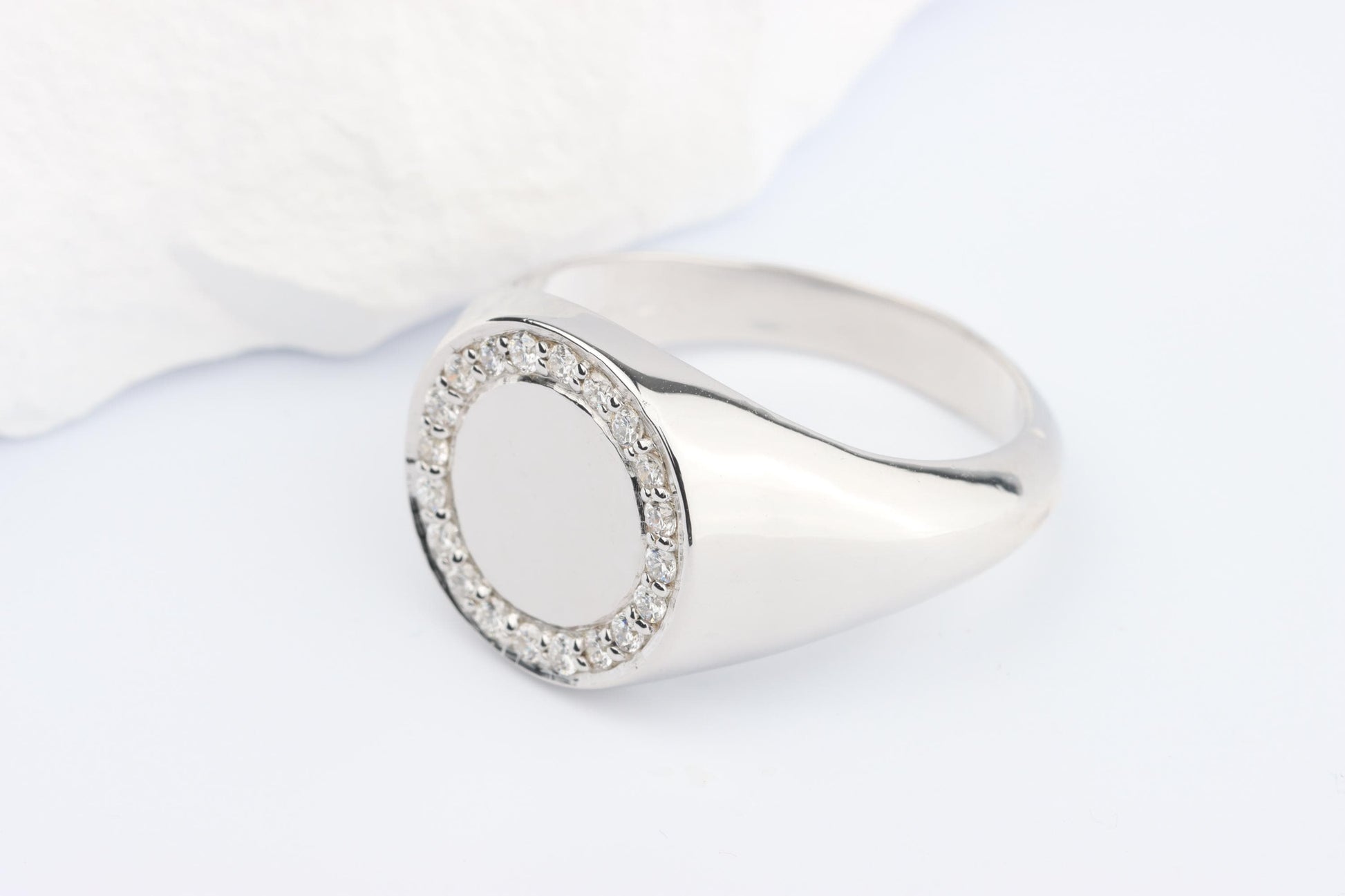 Silver Oval Signet Ring set with Lab Diamonds
