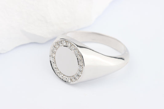 Silver Oval Signet Ring set with Lab Diamonds