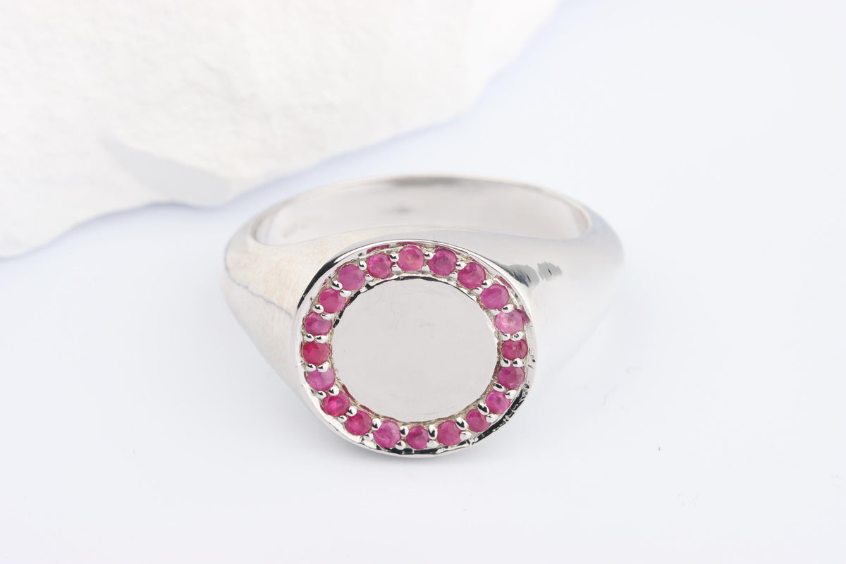 Silver Round Signet Ring set with Pink Red Ruby Gemstones