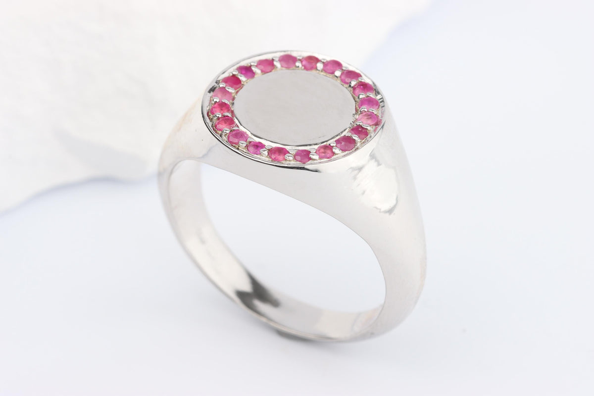 Silver Round Signet Ring set with Pink Red Ruby Gemstones