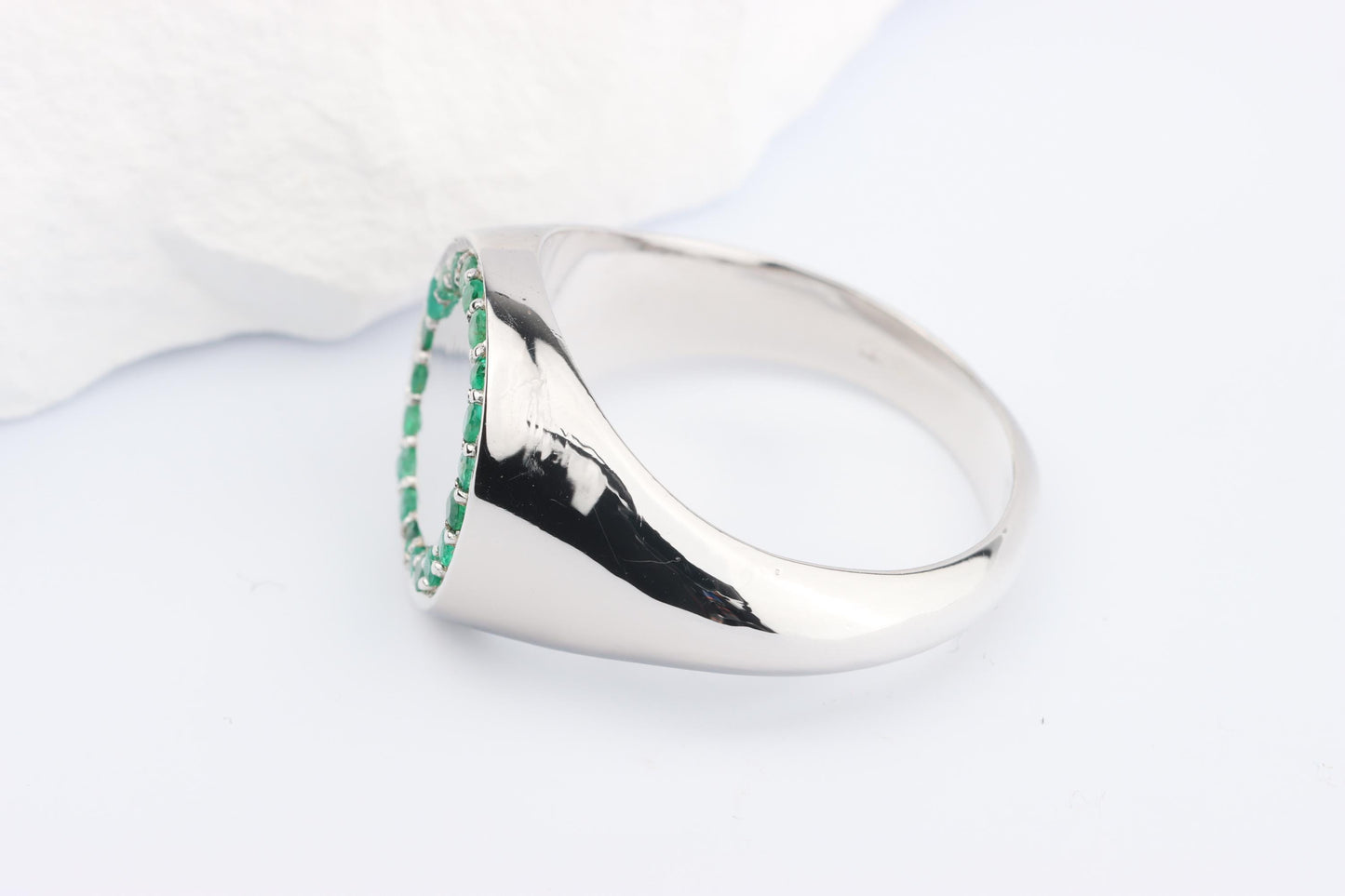 Silver Round Signet Ring set with Green Emerald Gemstones