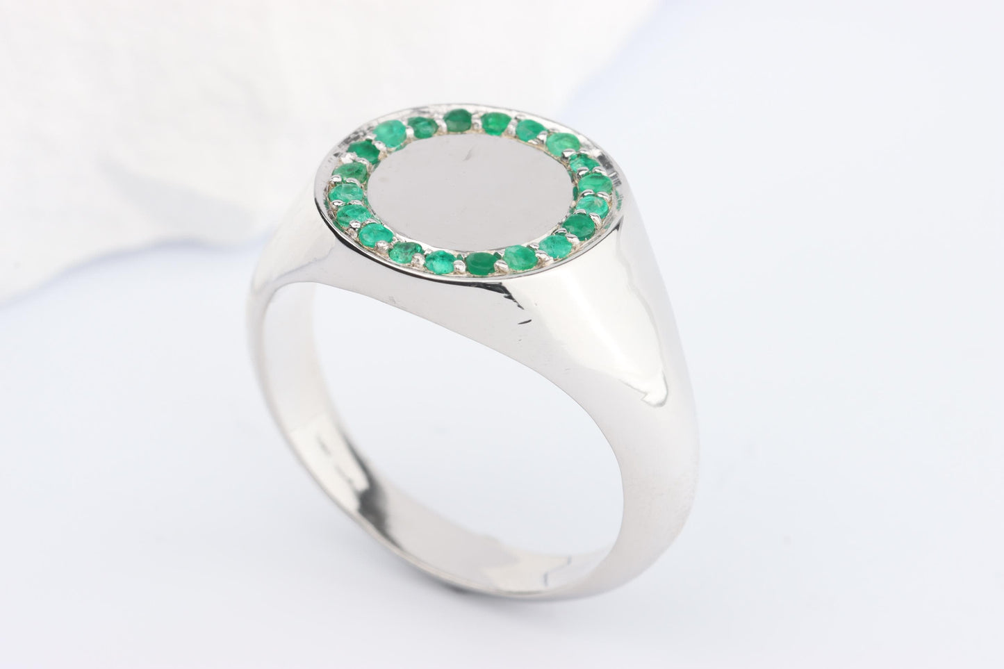 Silver Round Signet Ring set with Green Emerald Gemstones