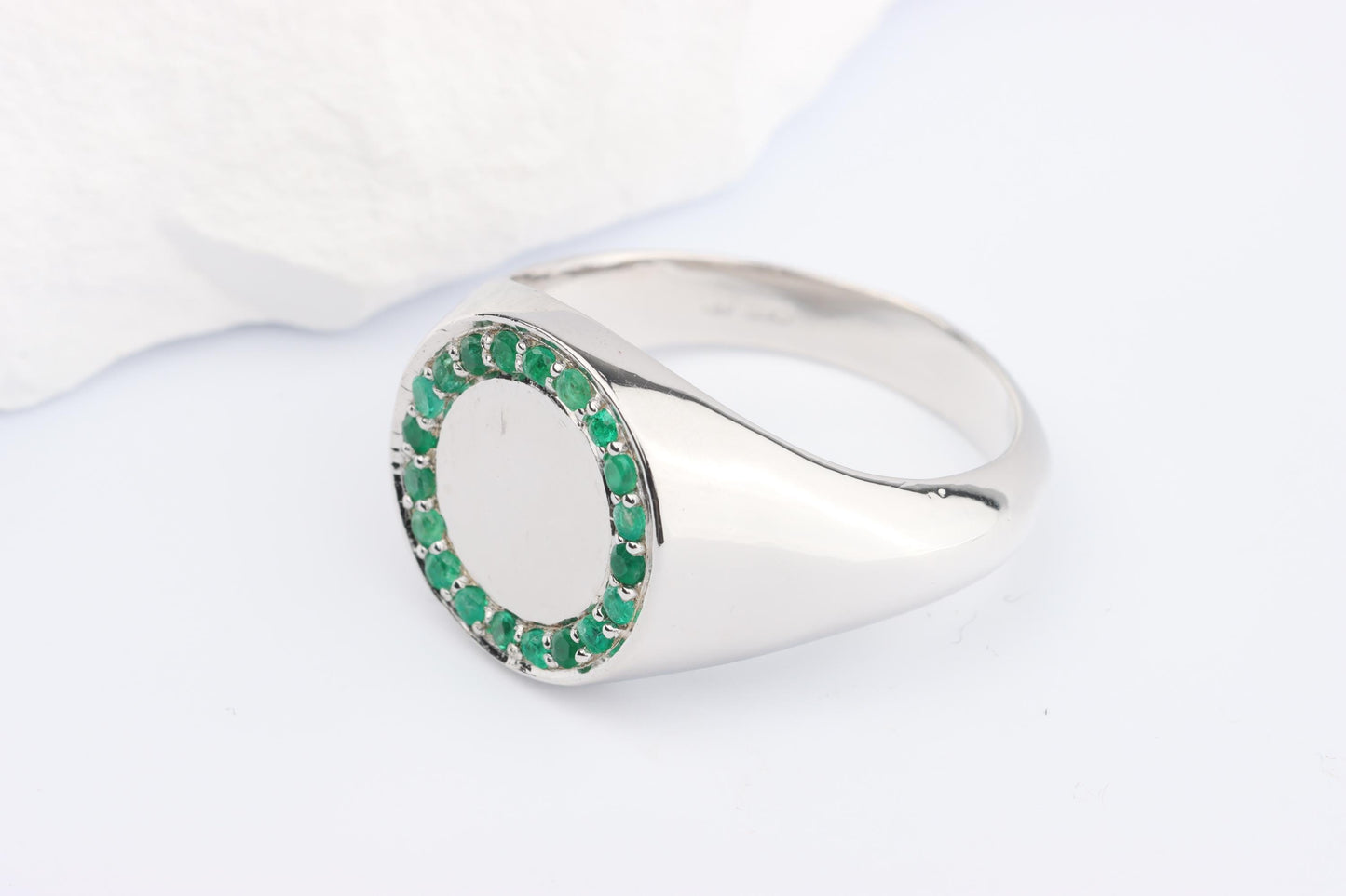 Silver Round Signet Ring set with Green Emerald Gemstones